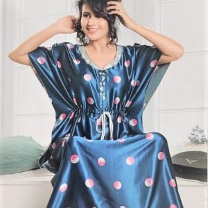 Arjey's Women's Satin Printed Kaftan Long Full Length Nighty Super Soft and Comfortable Design - Nautical Blue