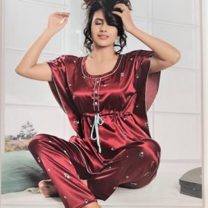 Arjey’s Women’s Satin Kaftan Printed Night Suit Set of Half sleeves Top with Pajama – Red