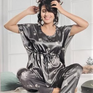 Arjey’s Women’s Satin Kaftan Printed Night Suit Set of Half sleeves Top with Pajama – Grey
