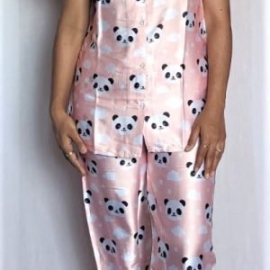 Arjey’s Women’s Satin Kaftan Printed Night Suit Set of Half sleeves Top with Pajama – Pink