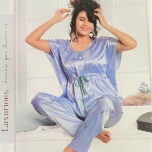Arjey’s Women’s Satin Kaftan Printed Night Suit Set of Half sleeves Top with Pajama – Sky Blue