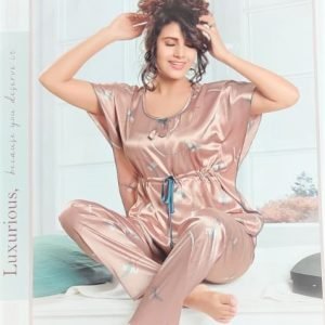 Arjey’s Women’s Satin Kaftan Printed Night Suit Set of Half sleeves Top with Pajama – Rose Gold