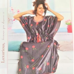 Arjey's Women's Satin Printed Kaftan Long Full Length Nighty Super Soft and Comfortable Design - Grey with Peach Flower