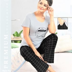 Arjey’s Women’s Cotton Printed Night Suit Set of Short Sleeves Round Neck T-Shirt with Pajama – Grey Black