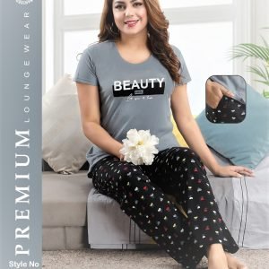 Arjey’s Women’s Cotton Printed Night Suit Set of Short Sleeves Round Neck T-Shirt with Pajama – Grey Black