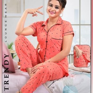 Arjey’s Women’s Cotton Printed Night Suit Set of Short Sleeves Shirt with Pajama – Carrot Orange