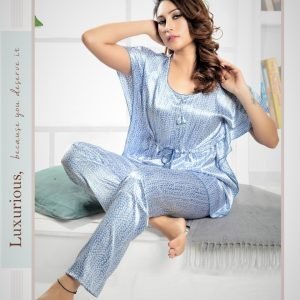 Arjey’s Women’s Satin Kaftan Night Suit Set of Short Sleeves Shirt with Pajama – Light Blue